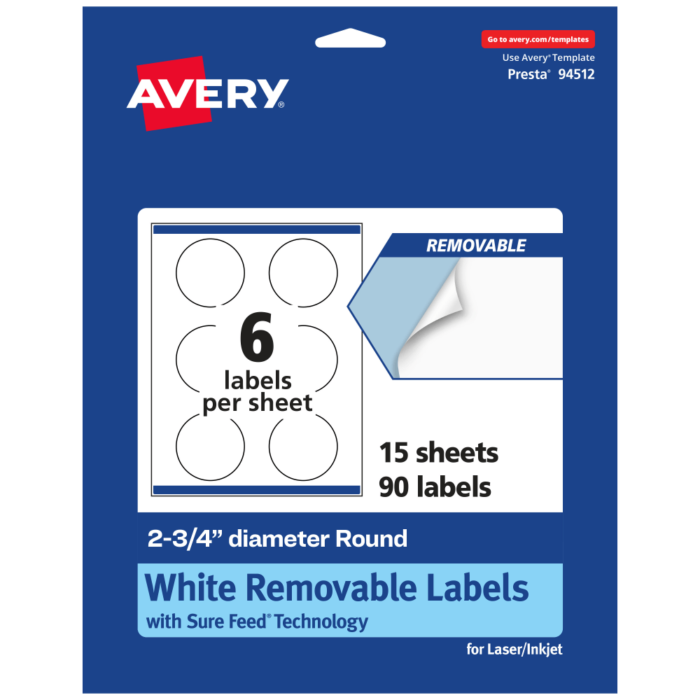 Avery® Removable Labels With Sure Feed®, 94512-RMP15, Round,