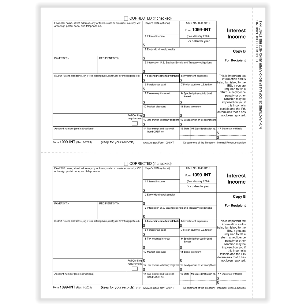 ComplyRight® 1099-INT Tax Forms, 2-Up, Recipient Copy B,