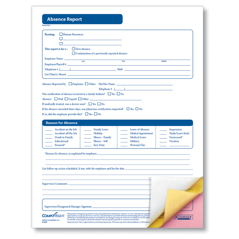 ComplyRight Absence Reports, 3-Part, 8 1/2" x 11",