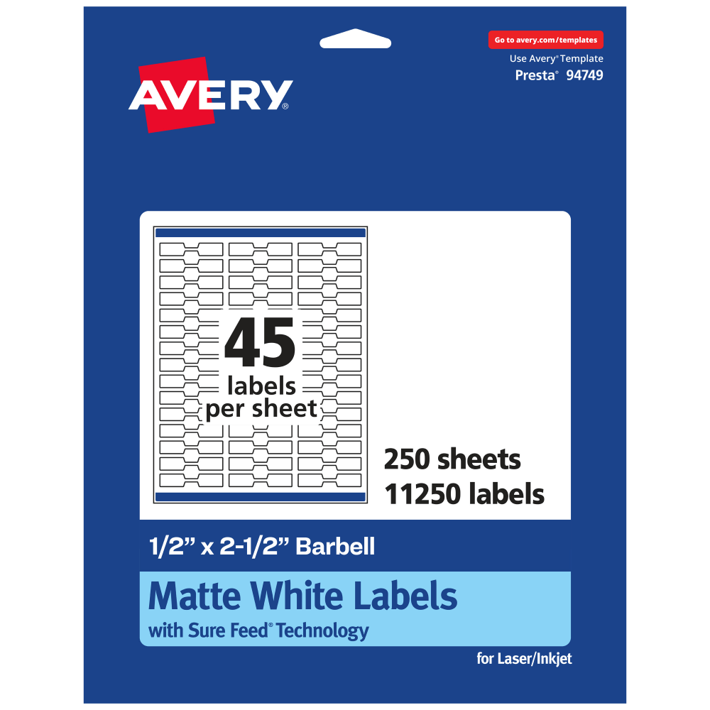 Avery® Permanent Labels With Sure Feed®, 94749-WMP250, Barbell,