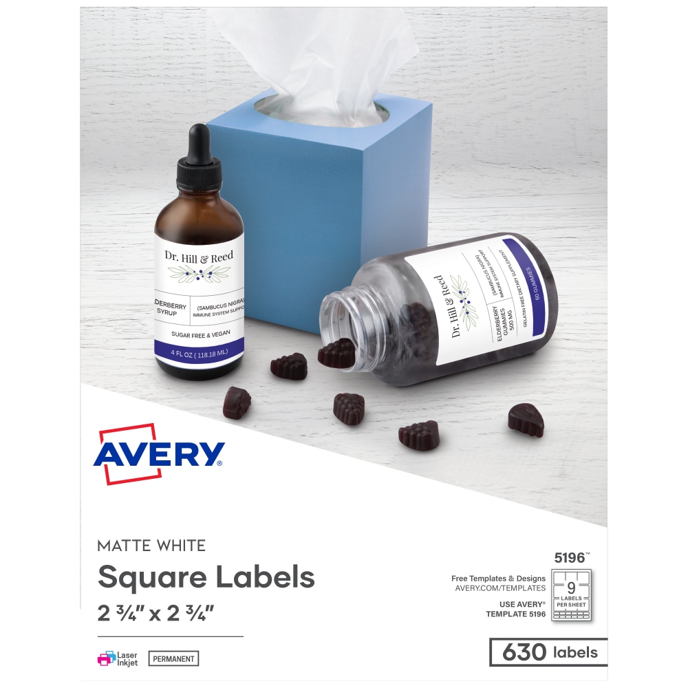 Avery® Permanent Inkjet/Laser Diskette Labels, 5196, 3 1/2"