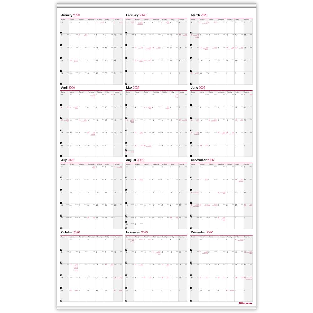 Office Depot Brand Yearly Wall Calendar, 24" x