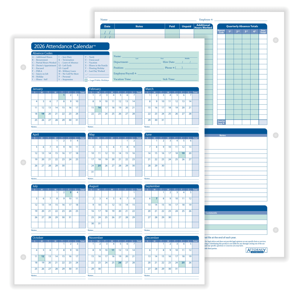 ComplyRight® 2026 Attendance Calendar Cards, 8 1/2" x