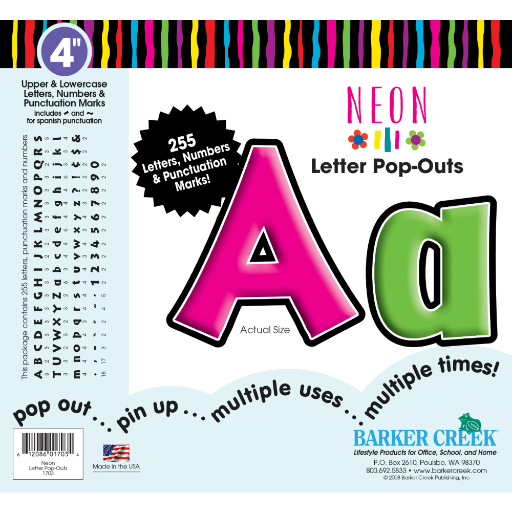 Barker Creek® Letter Pop-Outs, 4", Neon, Set Of