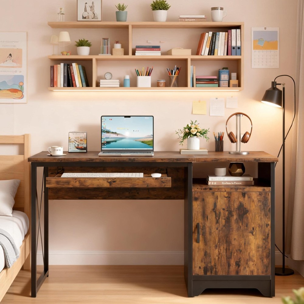 Bestier 48"W Reversible Writing Computer Desk, Rustic Brown