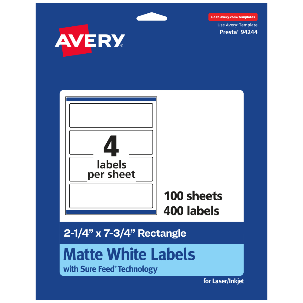 Avery® Permanent Labels With Sure Feed®, 94244-WMP100, Rectangle,