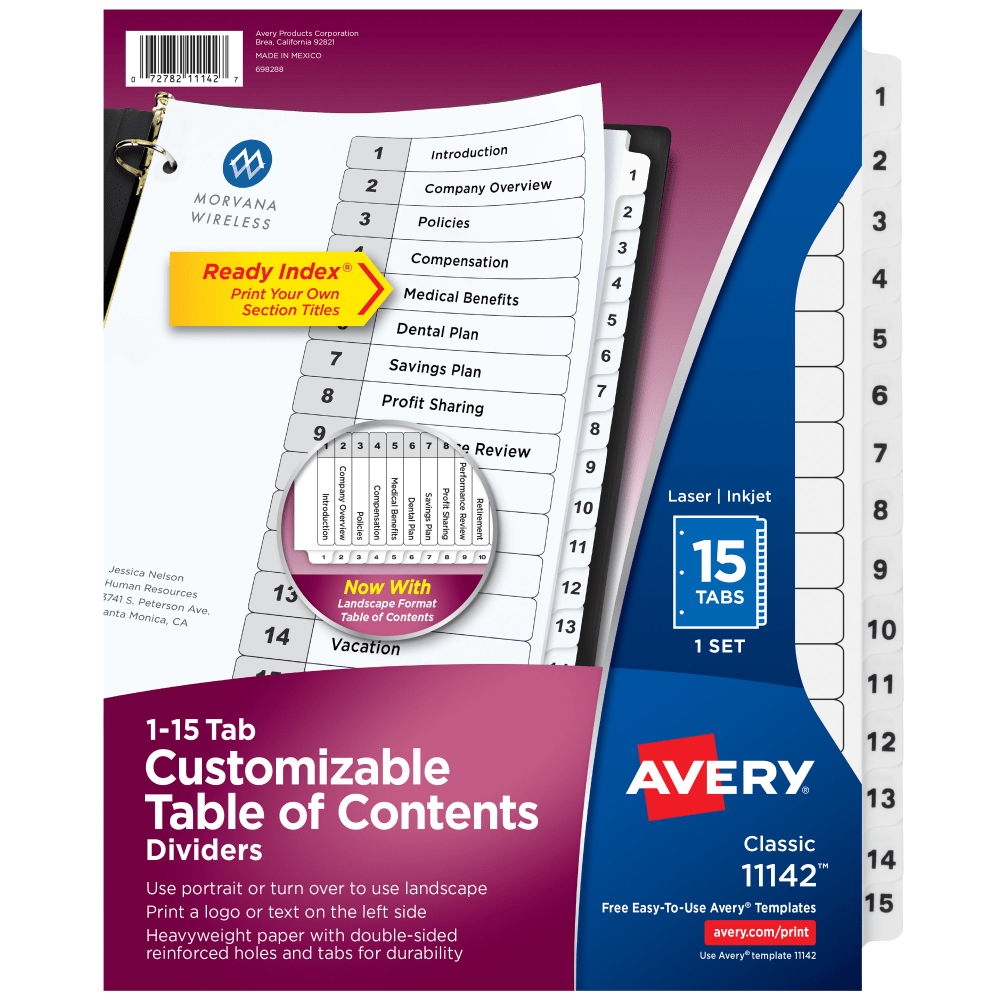 Avery® Ready Index® 1-15 Tab With Customizable Table