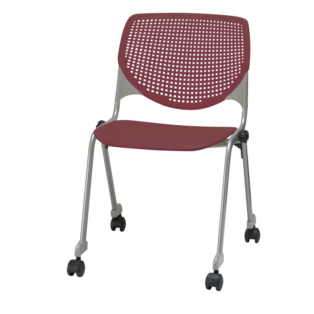 KFI Studios KOOL Stacking Chair With Casters, Burgundy/Silver