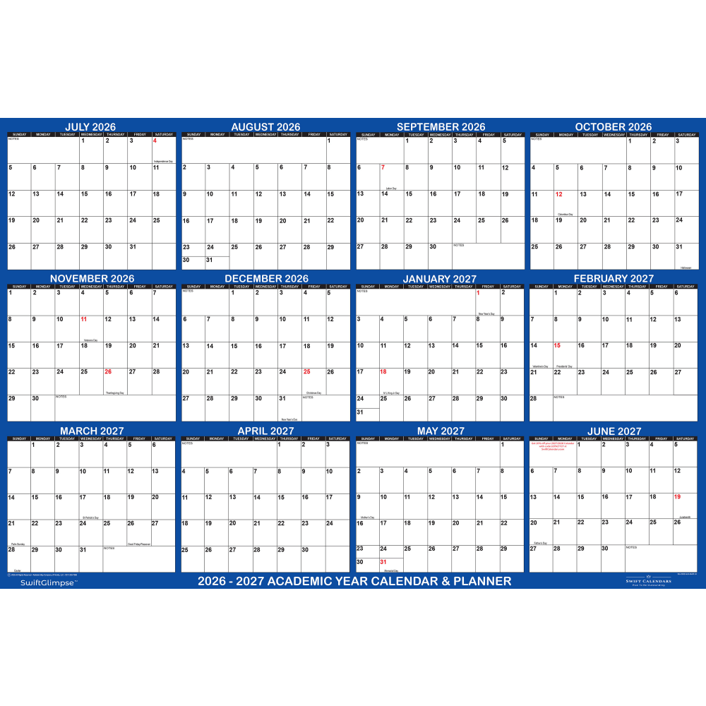2026-2027 SwiftGlimpse Academic Monthly Wall Calendar, 32” x