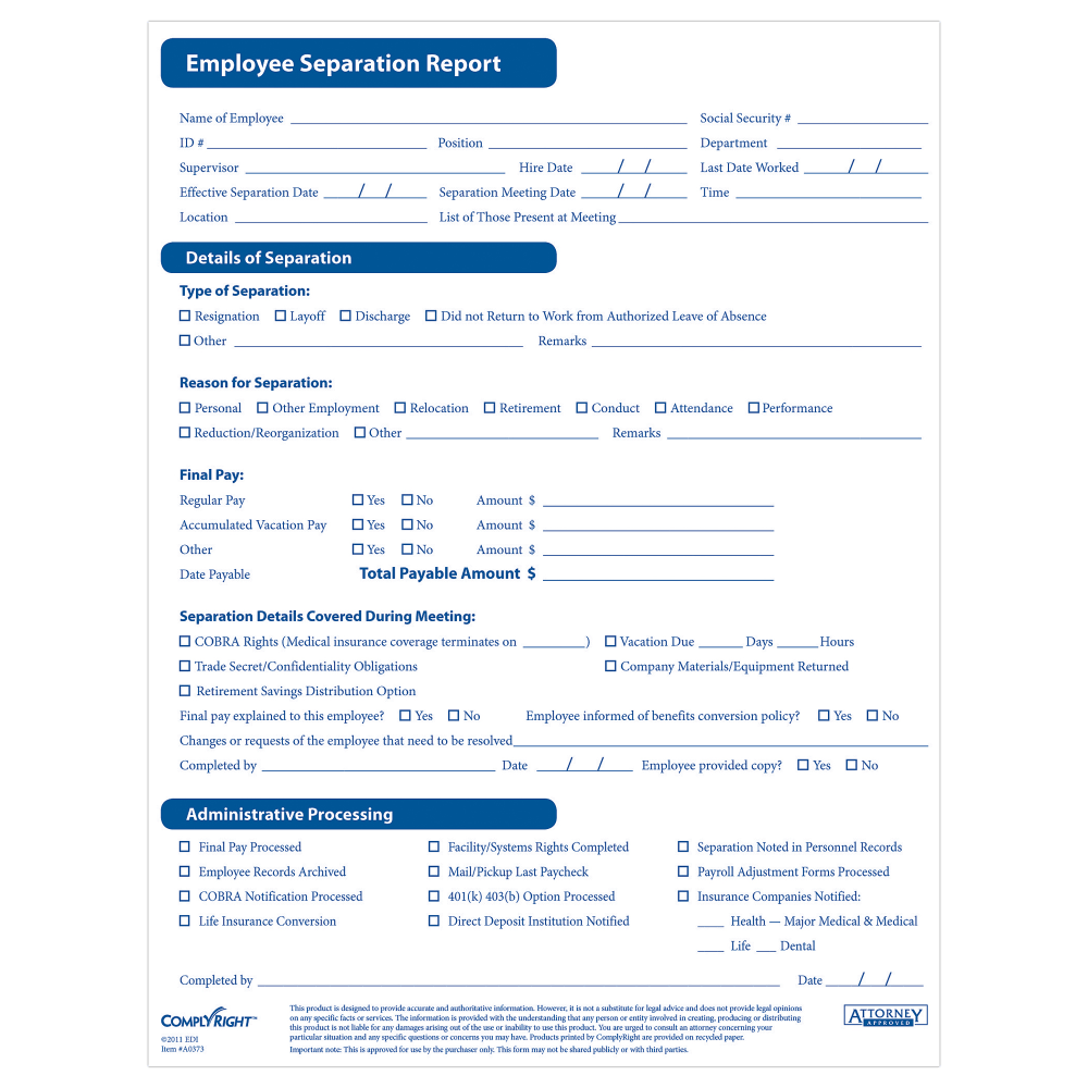 ComplyRight™ Employee Separation Reports, Pack Of 50