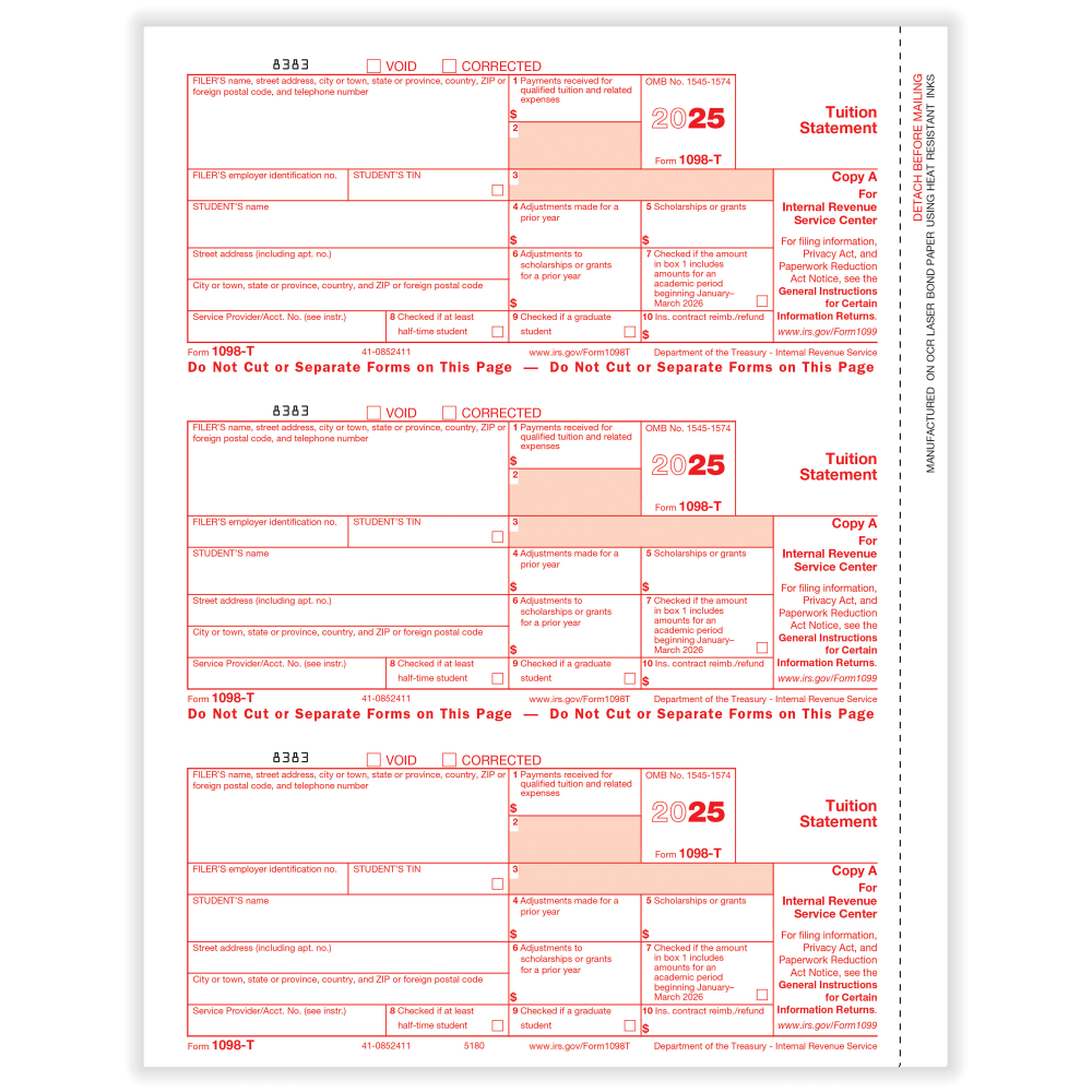 ComplyRight® 1098-T Tax Forms, 3-Up, Federal Copy A,