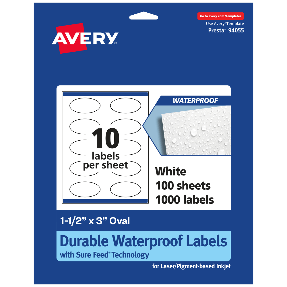 Avery® Waterproof Permanent Labels With Sure Feed®, 94055-WMF100,
