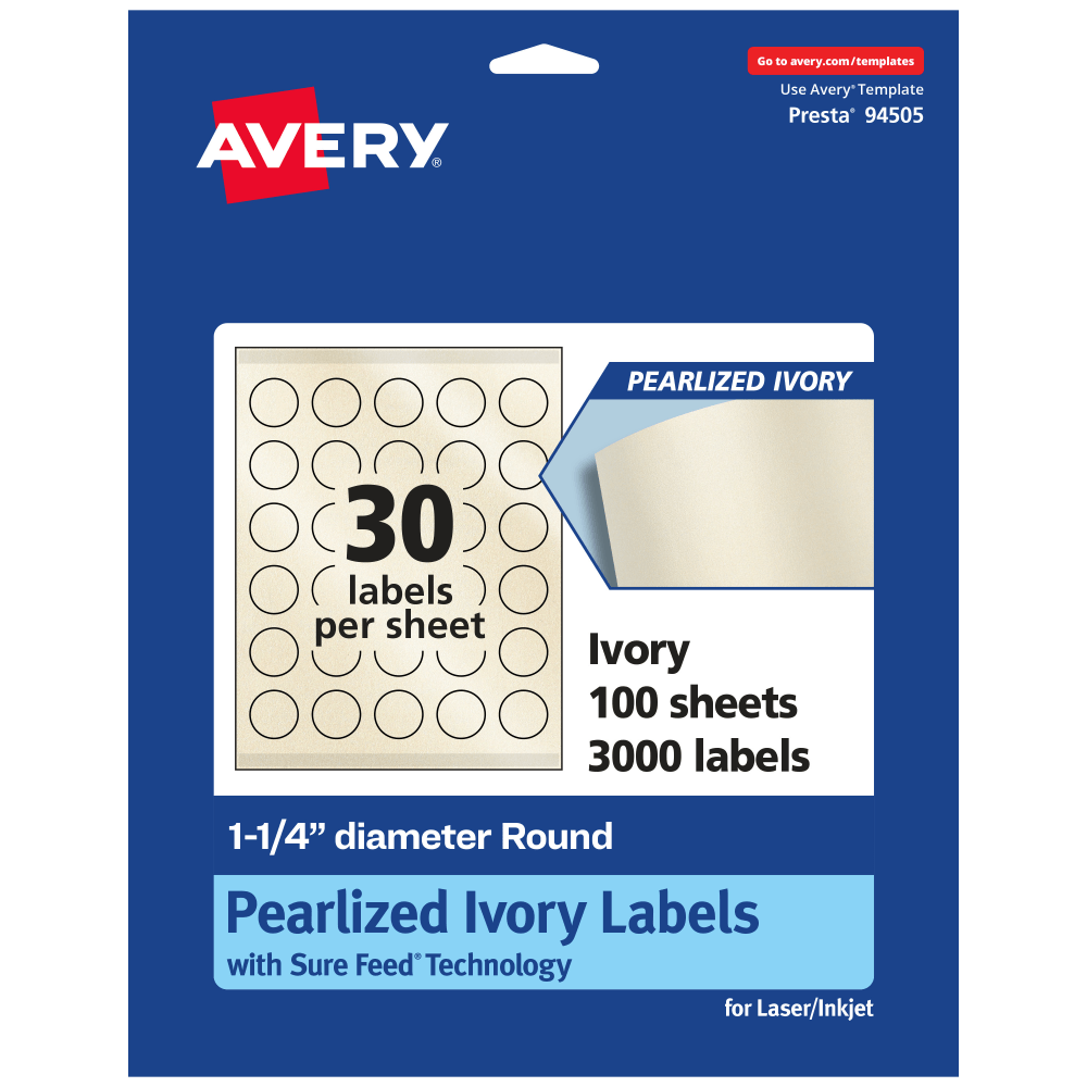 Avery® Pearlized Permanent Labels With Sure Feed®, 94505-PIP100,