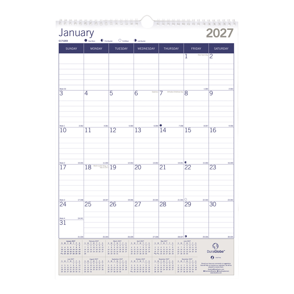 2027 Blueline DuraGlobe™ Monthly Wall Calendar, 12" x