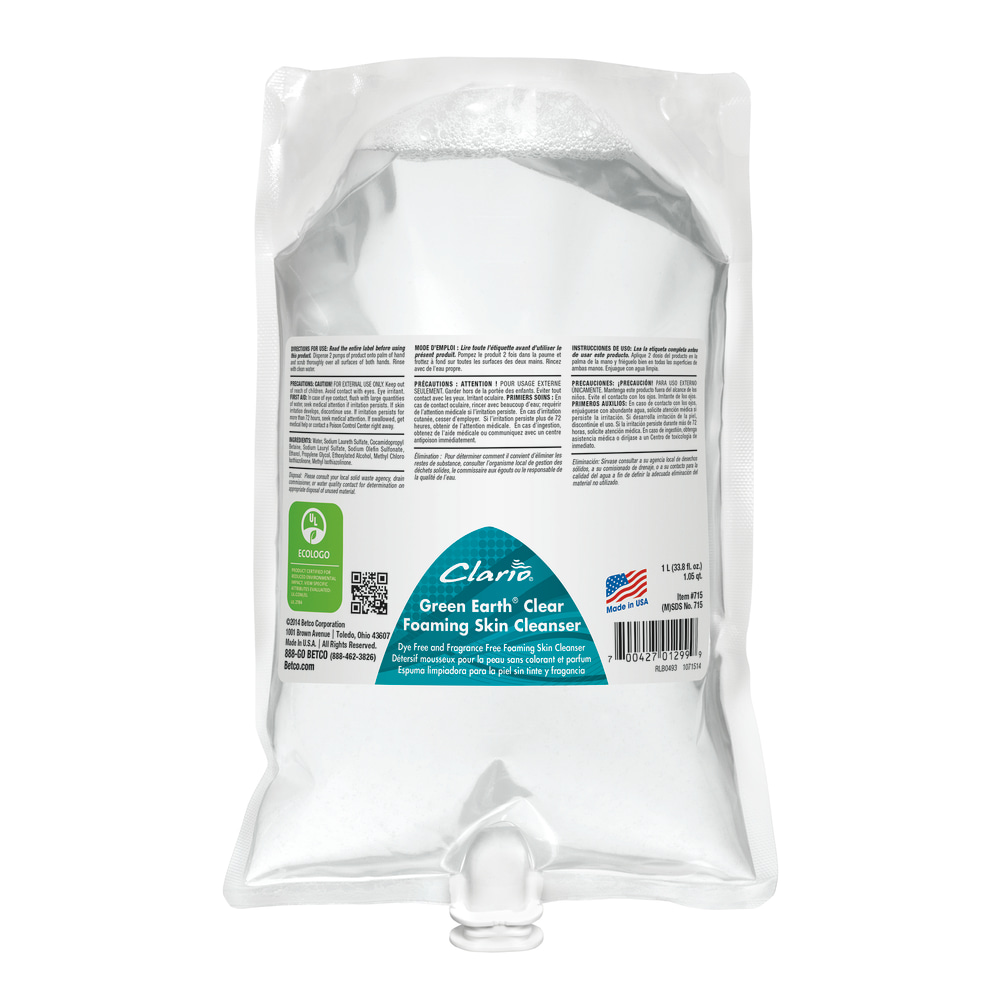 Betco® Clario® Clear Foaming Skin Cleanser, 1,000 mL,