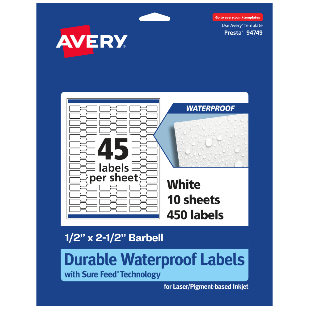Avery® Waterproof Permanent Labels With Sure Feed®, 94749-WMF10,