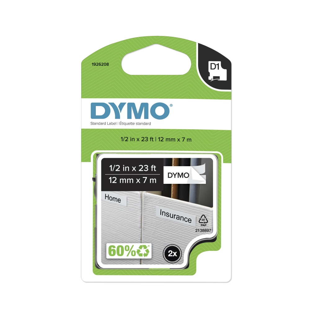 DYMO® D1 45013 Black-On-White Tape, 0.5" x 23',