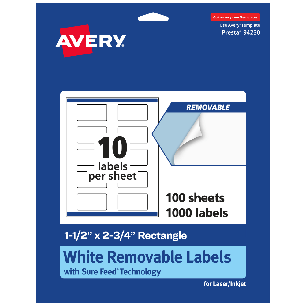 Avery® Removable Labels With Sure Feed®, 94230-RMP100, Rectangle,