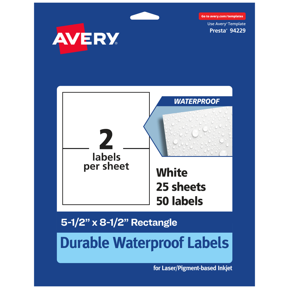 Avery® Waterproof Permanent Labels, 94229-WMF25, Rectangle,