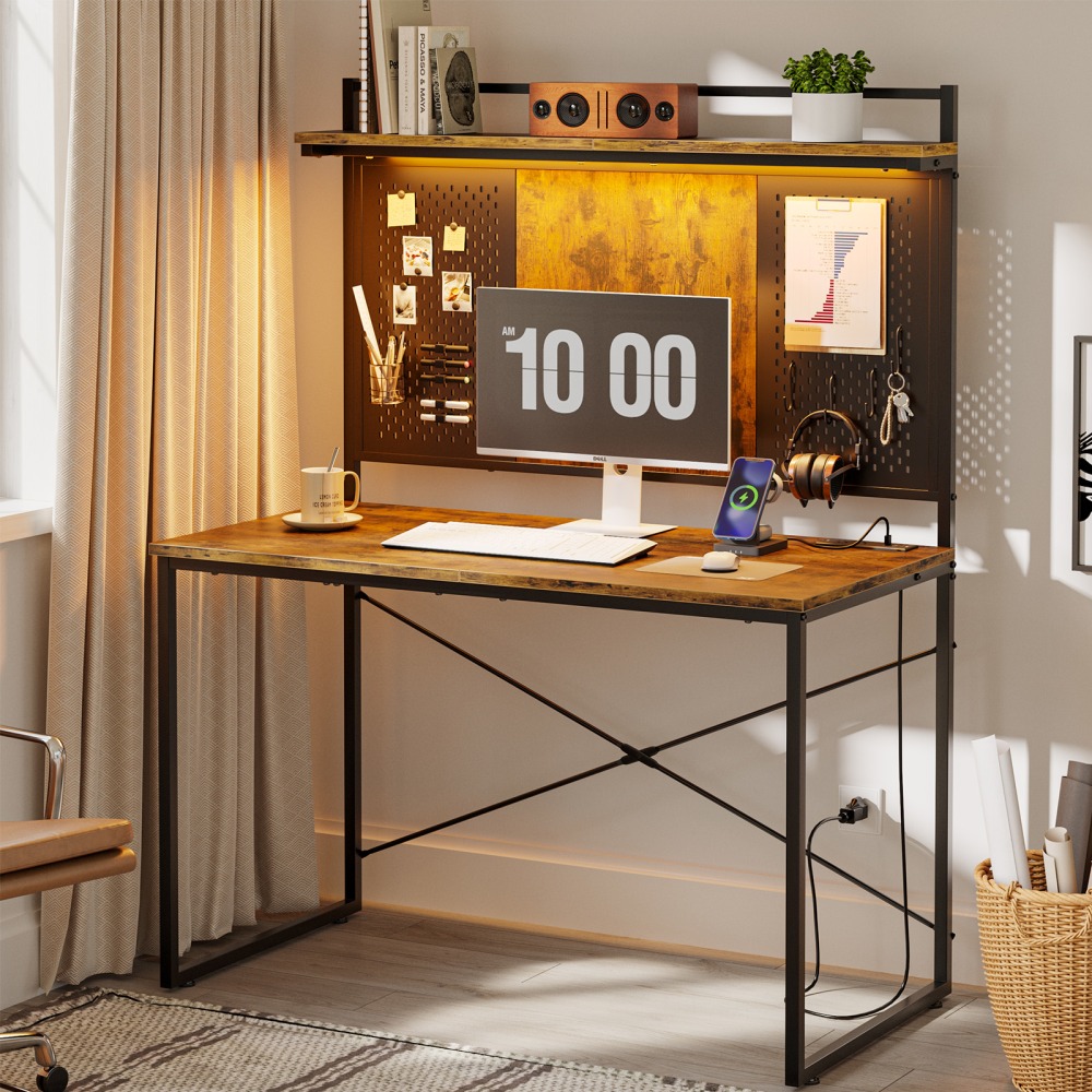 Bestier 40"W Computer Desk With Hutch, Power Outlet,