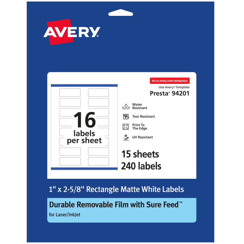 Avery® Durable Removable Labels With Sure Feed®, 94201-DRF15,