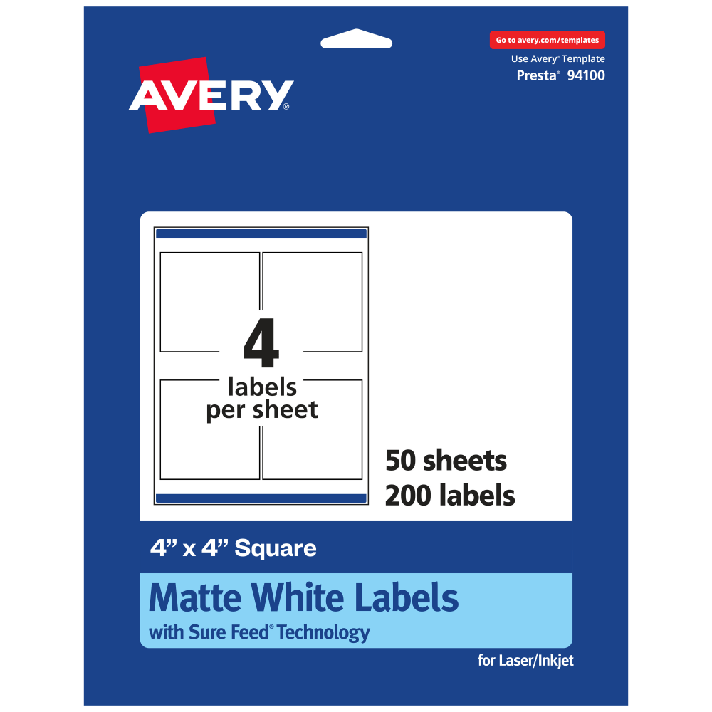 Avery® Permanent Labels With Sure Feed®, 94100-WMP50, Square,
