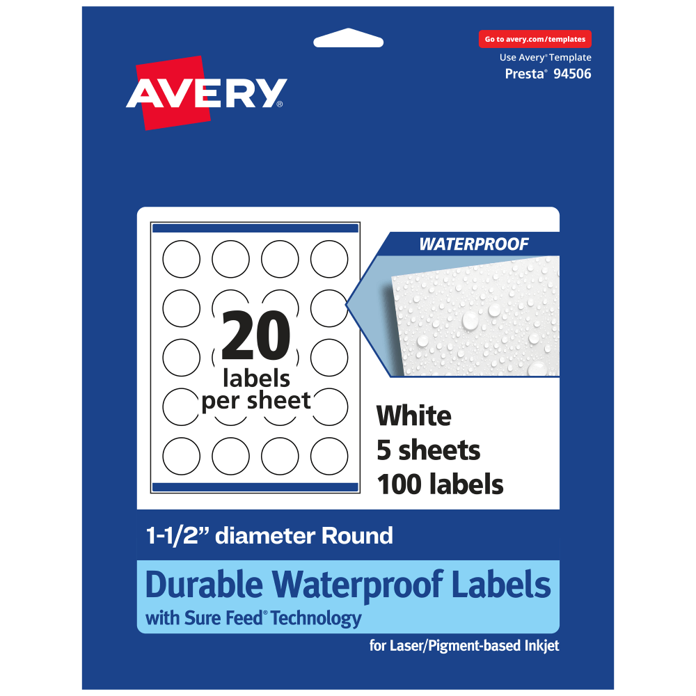 Avery® Waterproof Permanent Labels With Sure Feed®, 94506-WMF5,