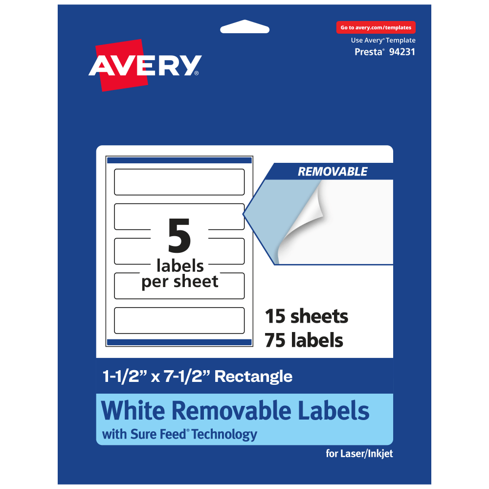 Avery® Removable Labels With Sure Feed®, 94231-RMP15, Rectangle,