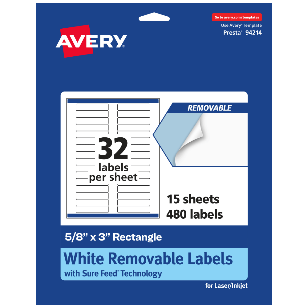Avery® Removable Labels With Sure Feed®, 94214-RMP15, Rectangle,