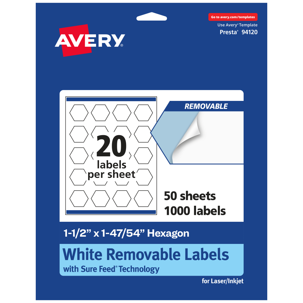 Avery® Removable Labels With Sure Feed®, 94120-RMP50, Hexagon,