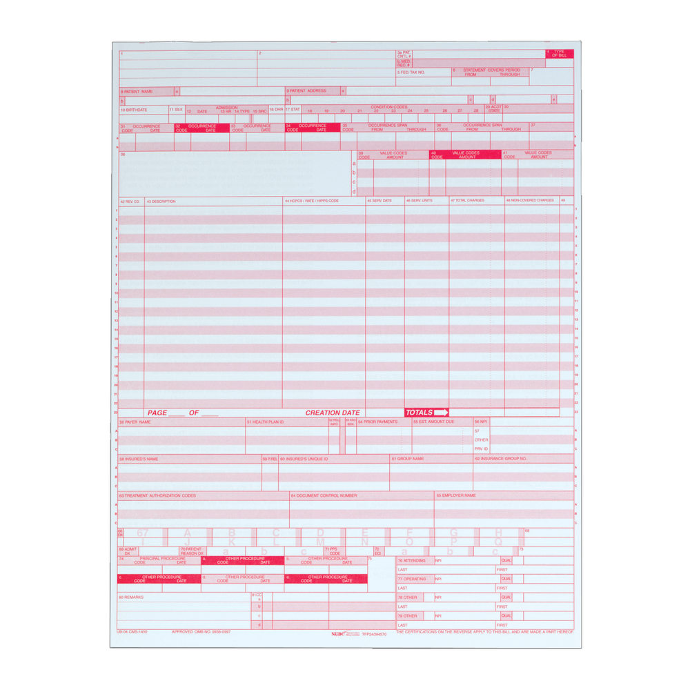 TOPS® UB-04 Forms, 1 Part, White, 8 1/2"