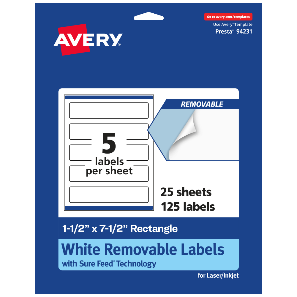 Avery® Removable Labels With Sure Feed®, 94231-RMP25, Rectangle,