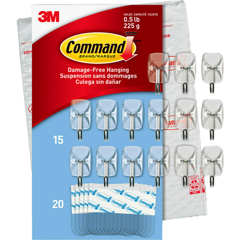 Command® Small Wire Hooks, 15 Hooks, 20 Clear