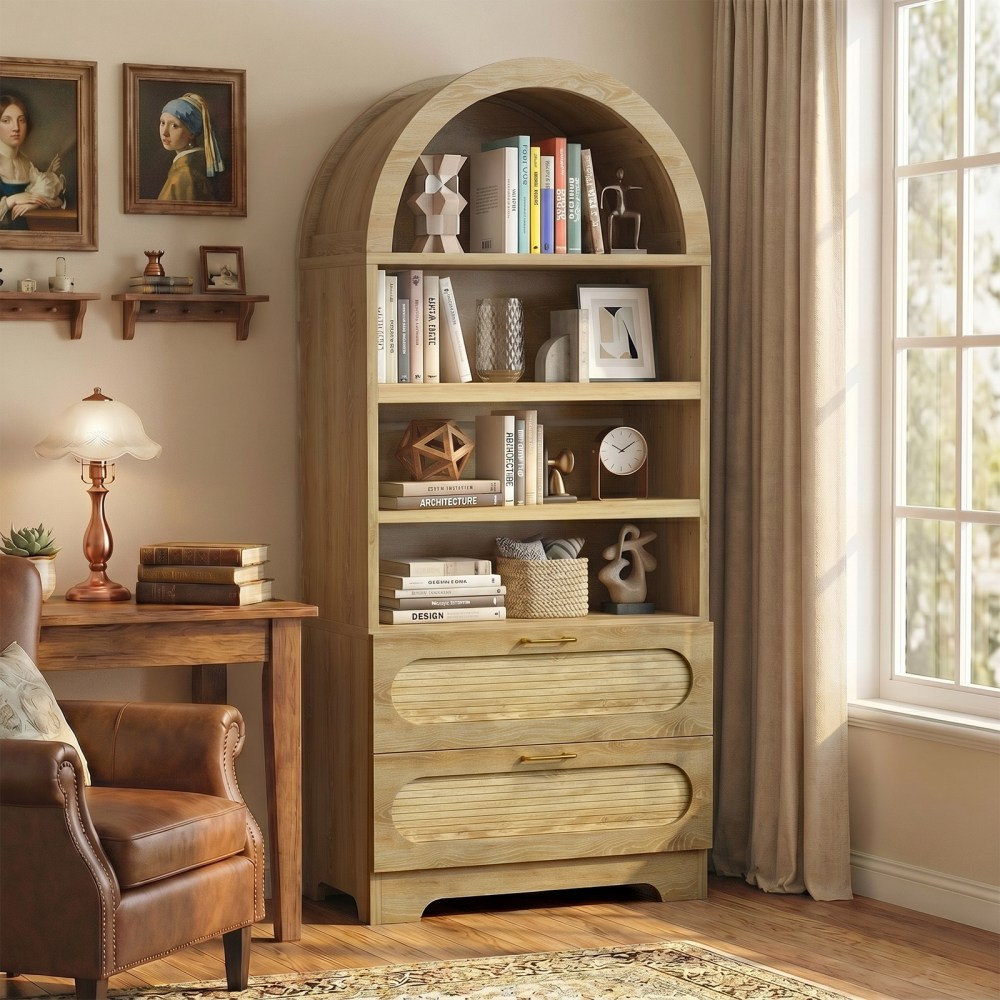 Bestier 71" Arched Wood Bookcase with 2 Storage