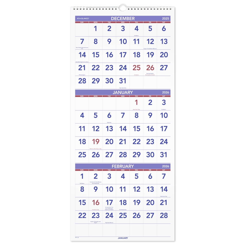 AT-A-GLANCE® 2026 Three Month Reference Vertical Wall Calendar,