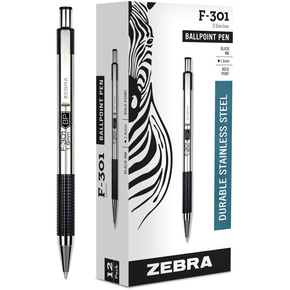 Zebra® Pen F-301 Stainless Steel Retractable Ballpoint Pens,