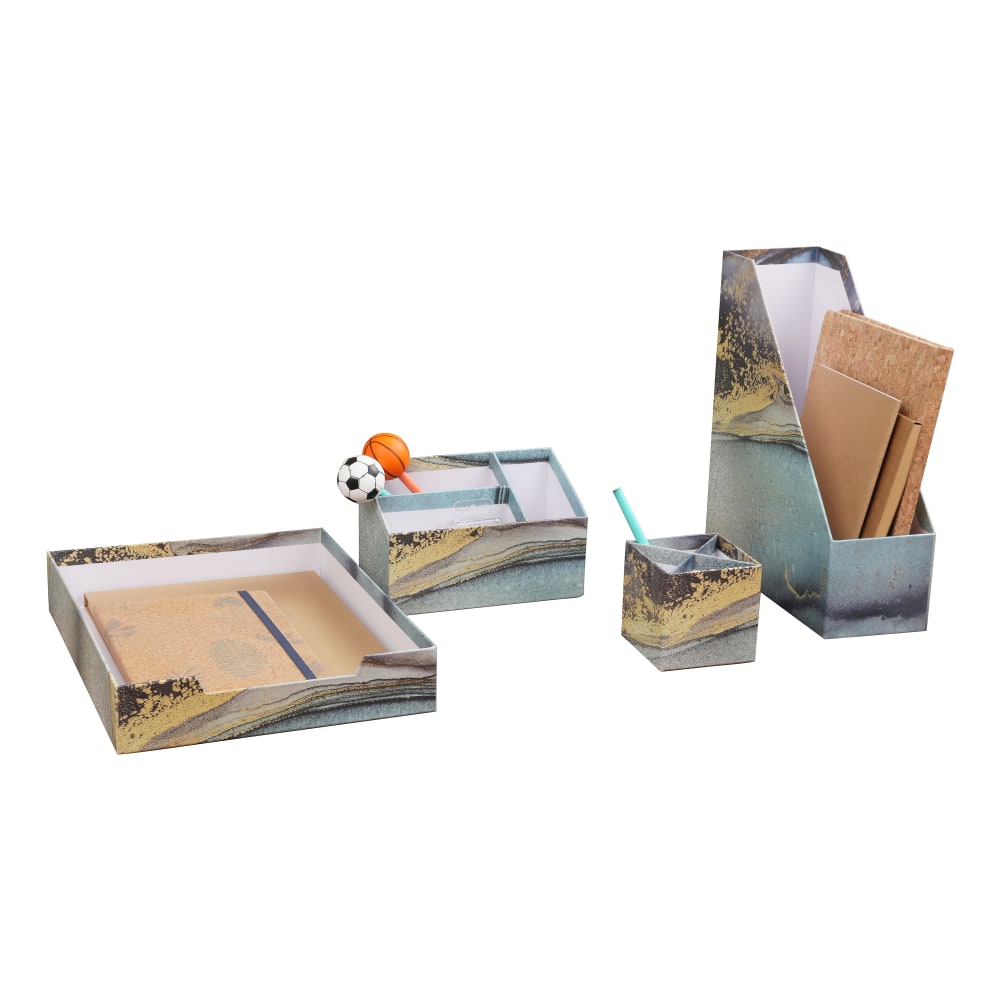 Realspace® 4-Piece Desk Accessory Set, Blue/Gold Marble