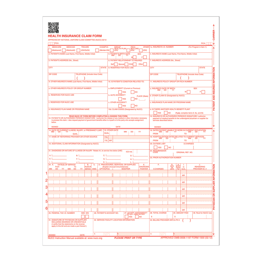 Adams® Health Insurance Claim Forms, 8 1/2" x