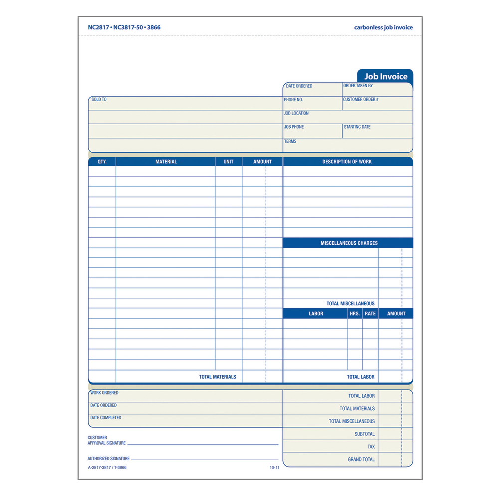TOPS® 3-Part Job Invoices, 8 1/2" x 11",