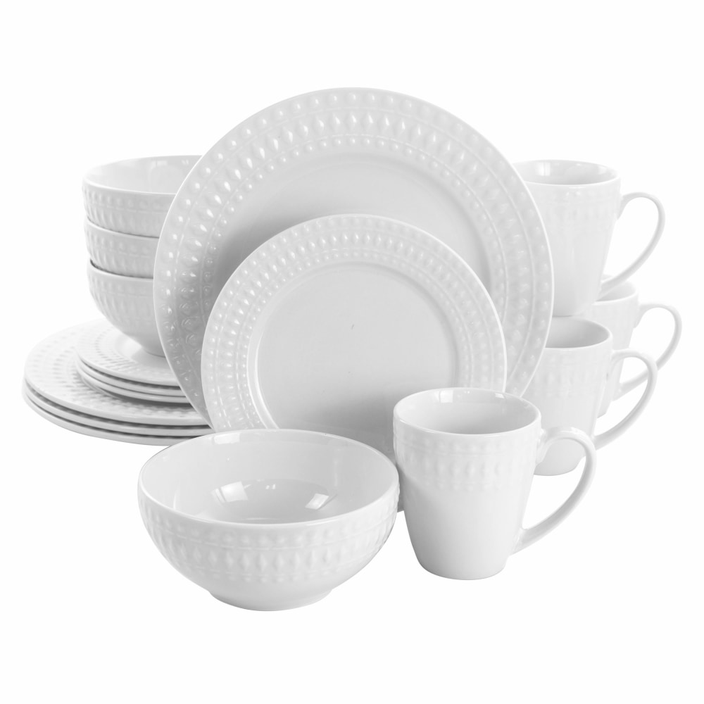 Elama Cara 16-Piece Round Porcelain Dinnerware Set, White