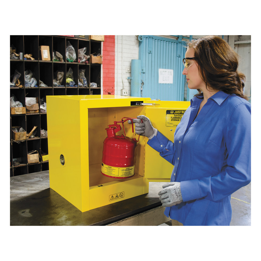 Justrite Yellow Countertop & Compact Cabinets, Self Closing