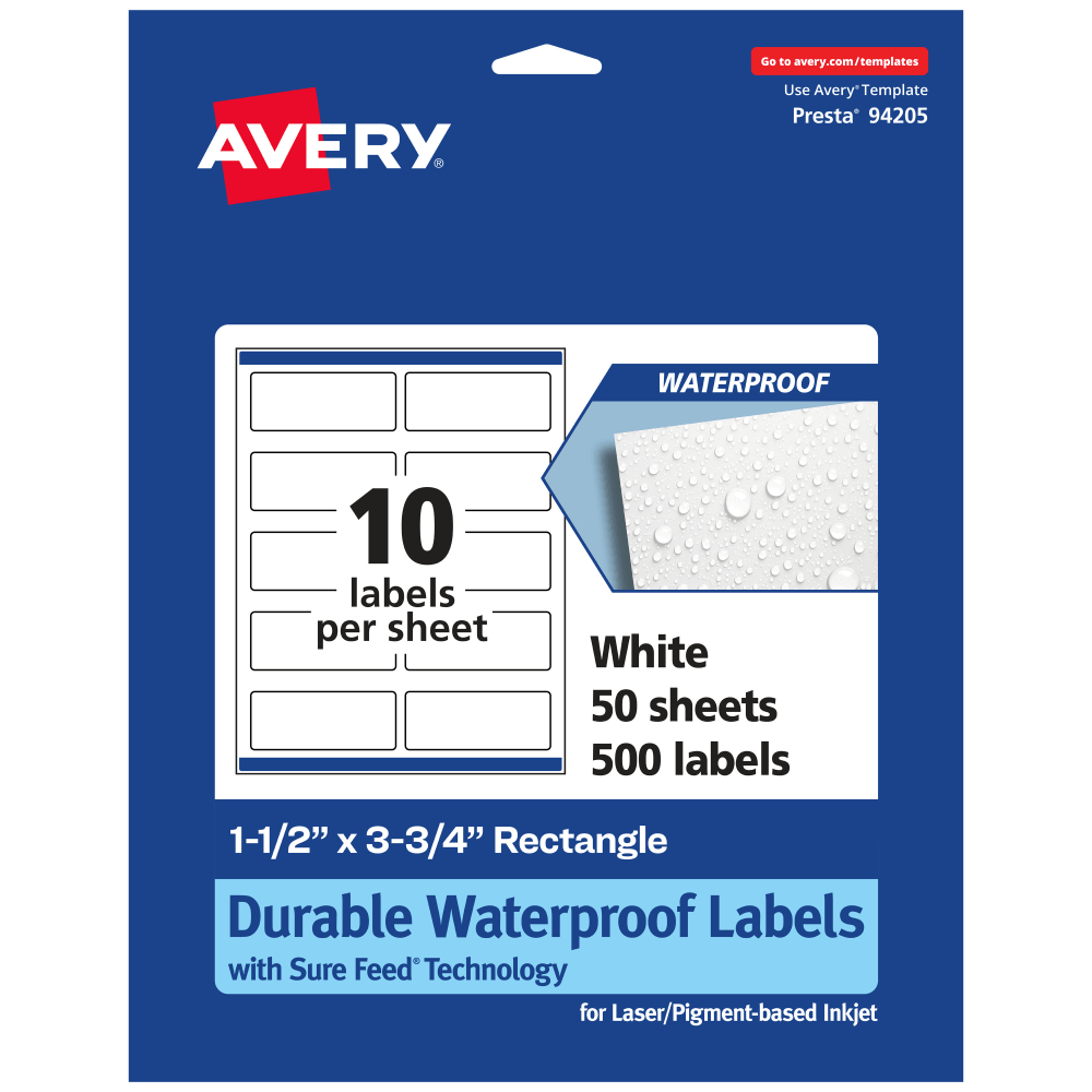 Avery® Waterproof Permanent Labels With Sure Feed®, 94205-WMF50,