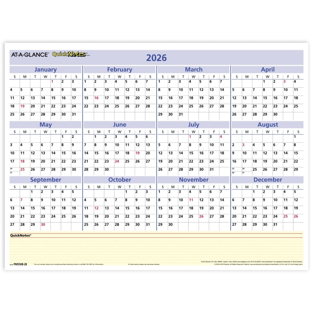 AT-A-GLANCE® QuickNotes® 2026 Reversible Erasable Monthly Yearly