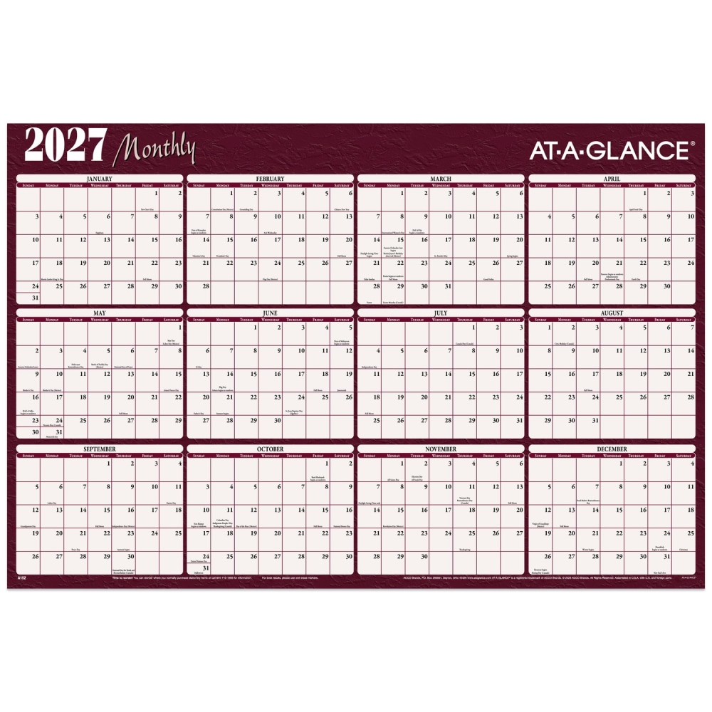 AT-A-GLANCE® 2027 Horizontal Reversible Erasable Yearly Wall