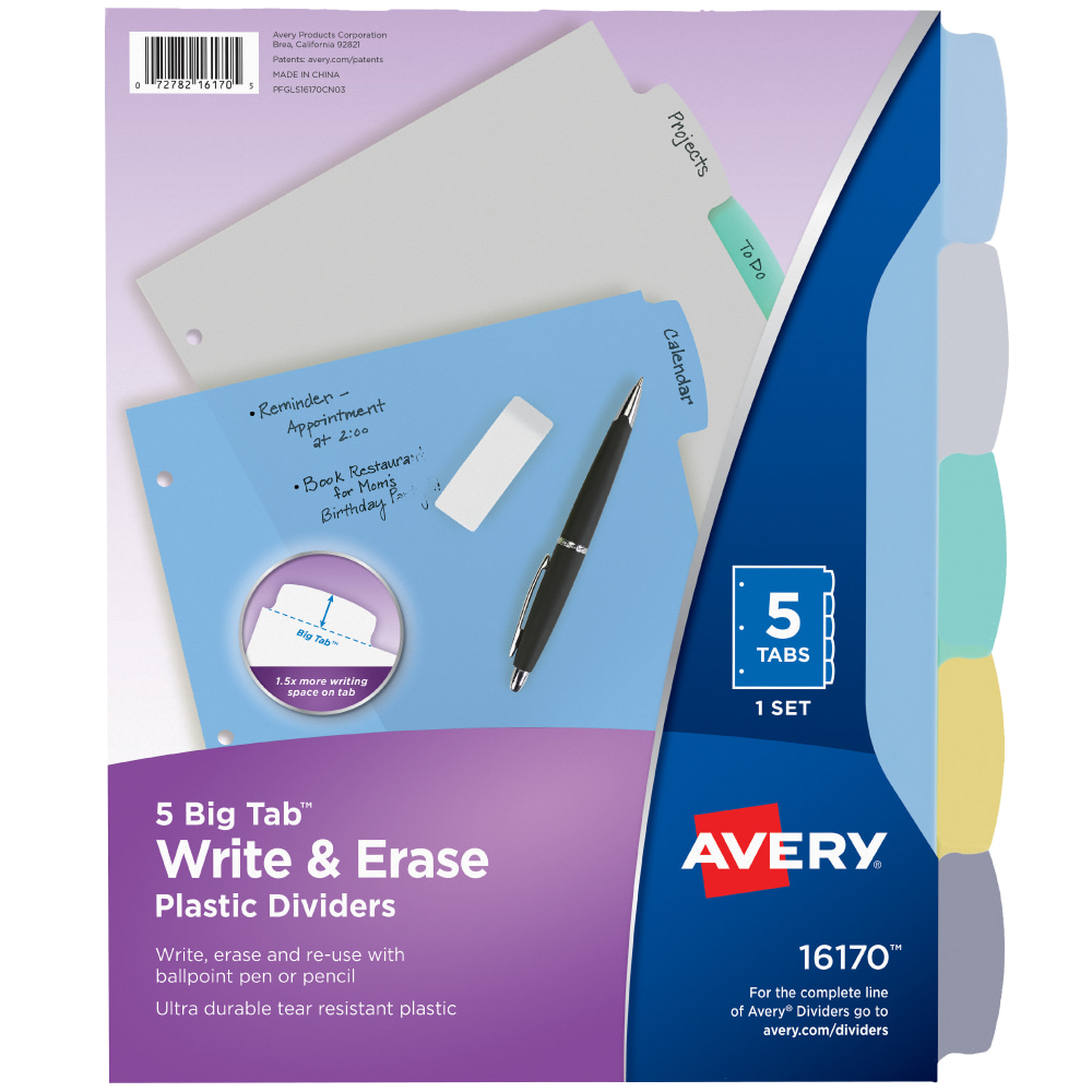 Avery® Durable Write-On Plastic Dividers With Erasable Tabs,