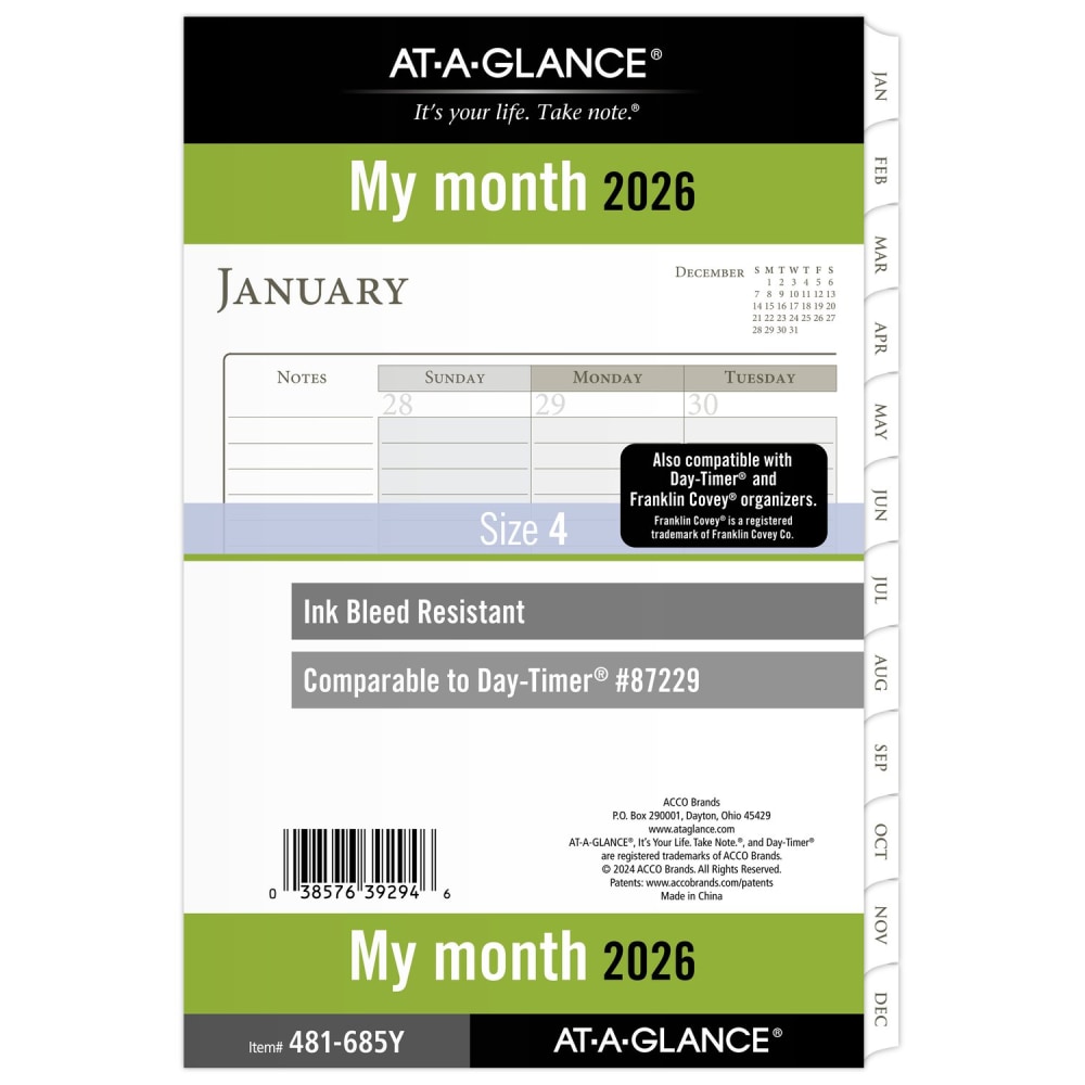 AT-A-GLANCE® 2026 Monthly Planner Refill, Loose-Leaf, Desk Size,