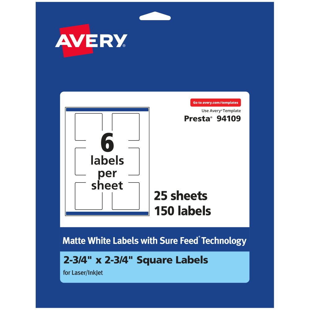 Avery® Permanent Labels With Sure Feed®, 94109-WMP25, Square,