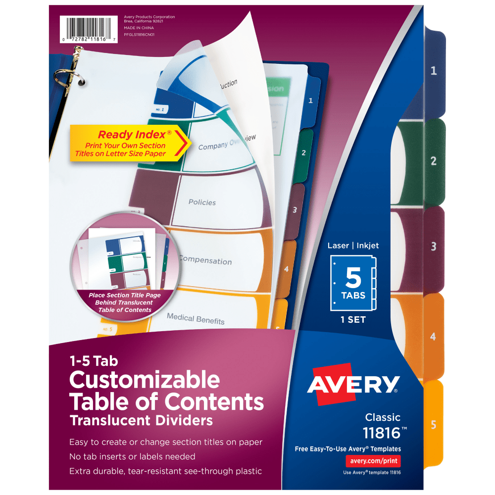 Avery® Ready Index® Plastic Dividers, 1-5 Tab &