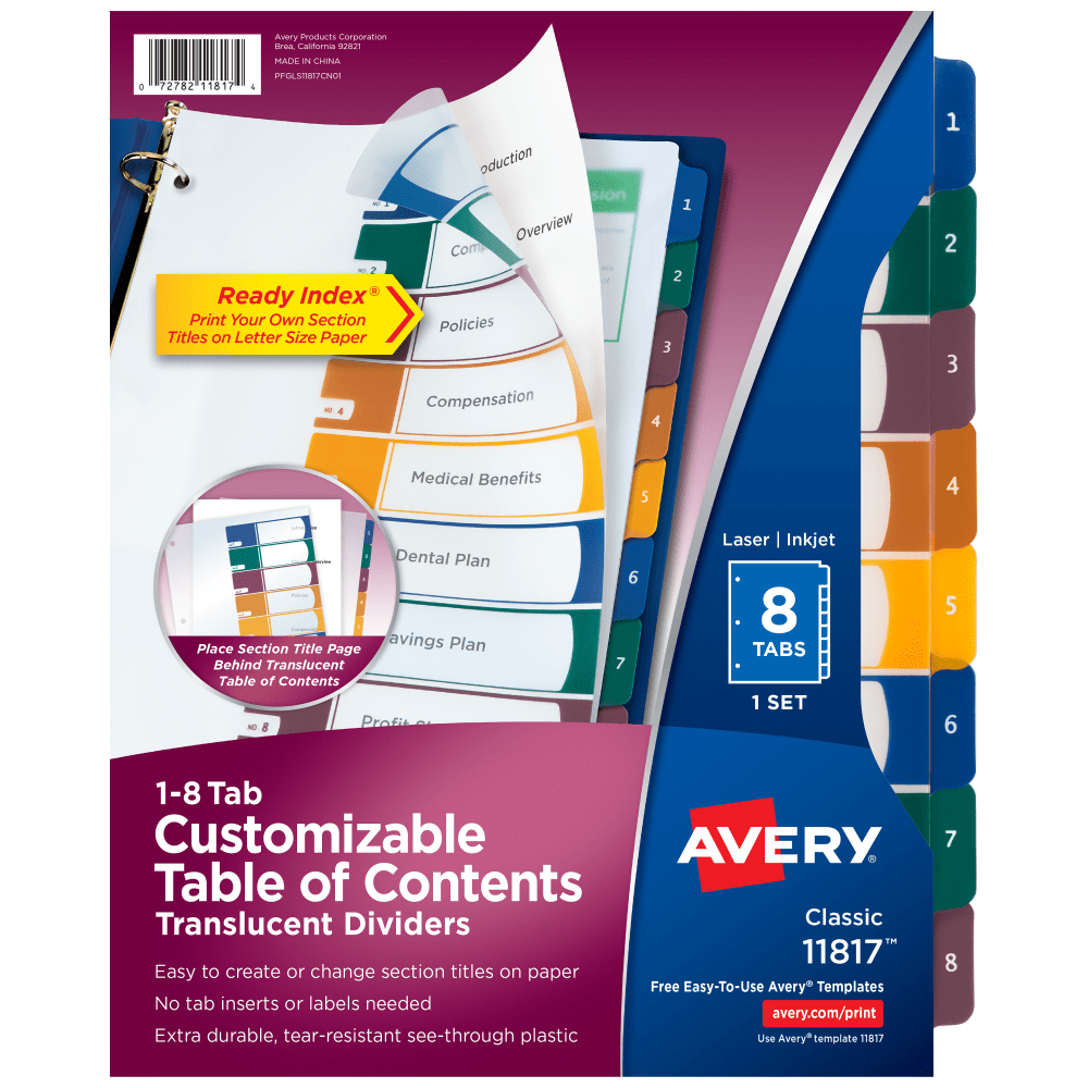 Avery® Ready Index® Plastic Dividers, 8-Tab & Table