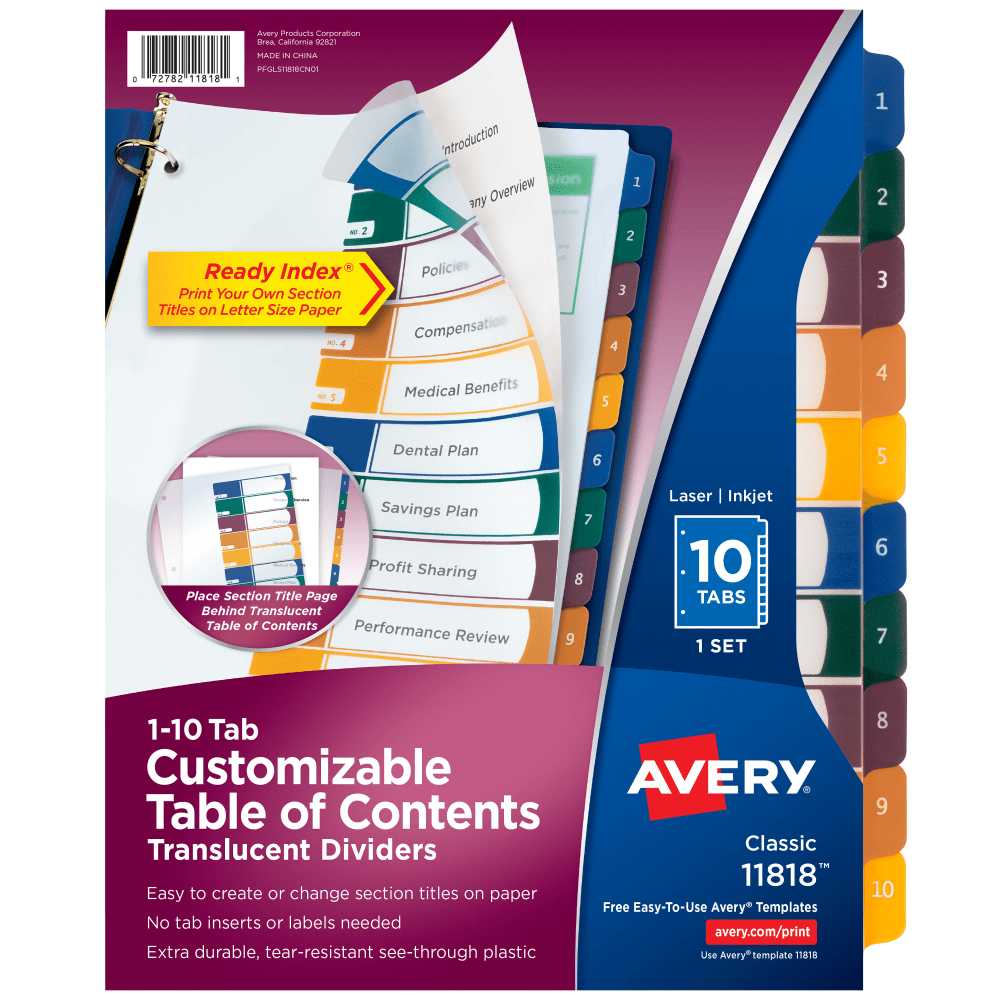Avery® Ready Index® Plastic Dividers, 10-Tab & Table